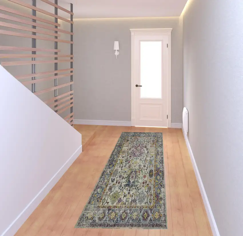8' Gray Floral Power Loom Runner Rug Photo 2