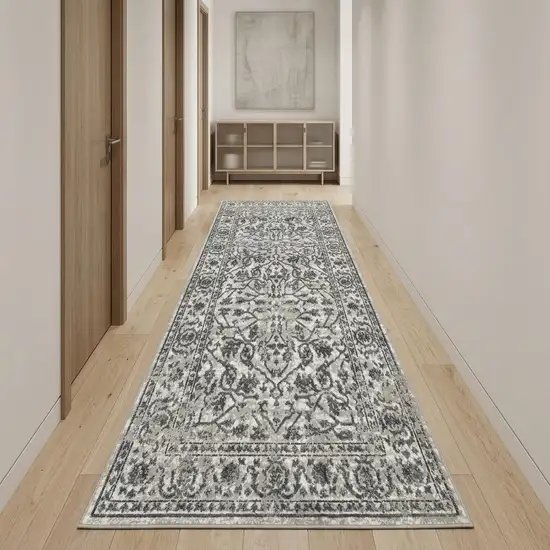 10' Gray and Dark Gray Floral Power Loom Runner Rug Photo 1