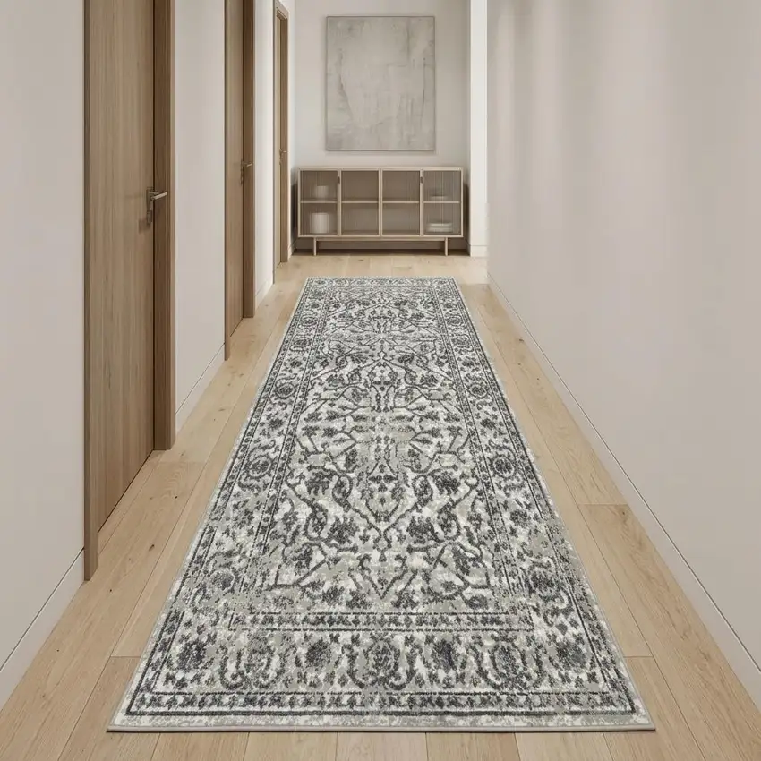 10' Gray and Dark Gray Floral Power Loom Runner Rug Photo 1