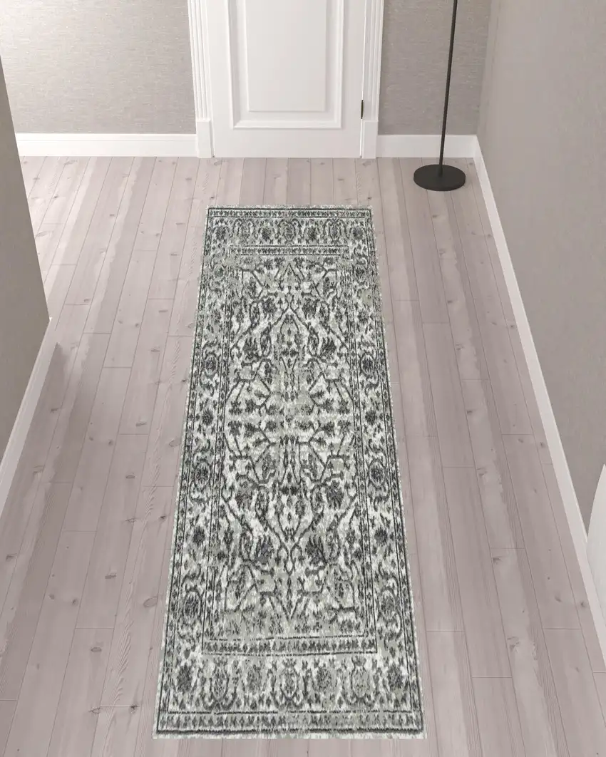 10' Gray Floral Power Loom Runner Rug Photo 2