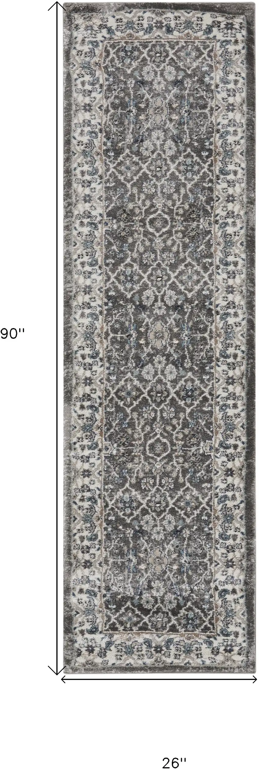 8' Gray Floral Power Loom Runner Rug Photo 3
