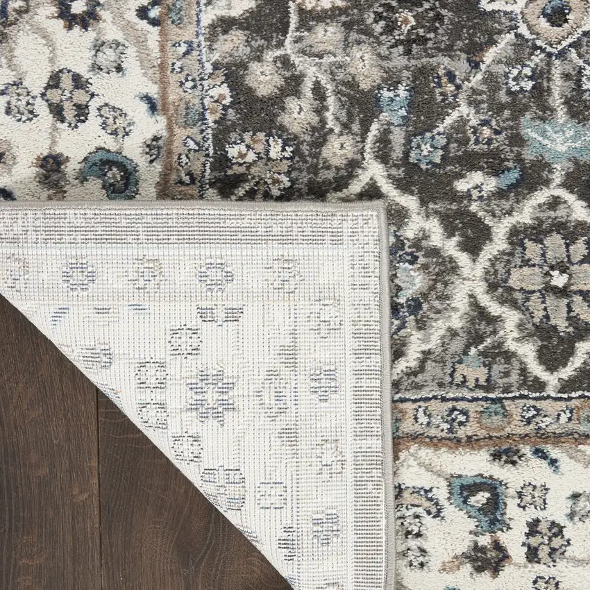 8' Teal Ivory And Gray Floral Medallion Runner Rug Photo 8