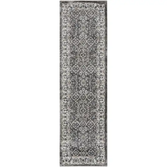 8' Teal Ivory And Gray Floral Medallion Runner Rug Photo 1