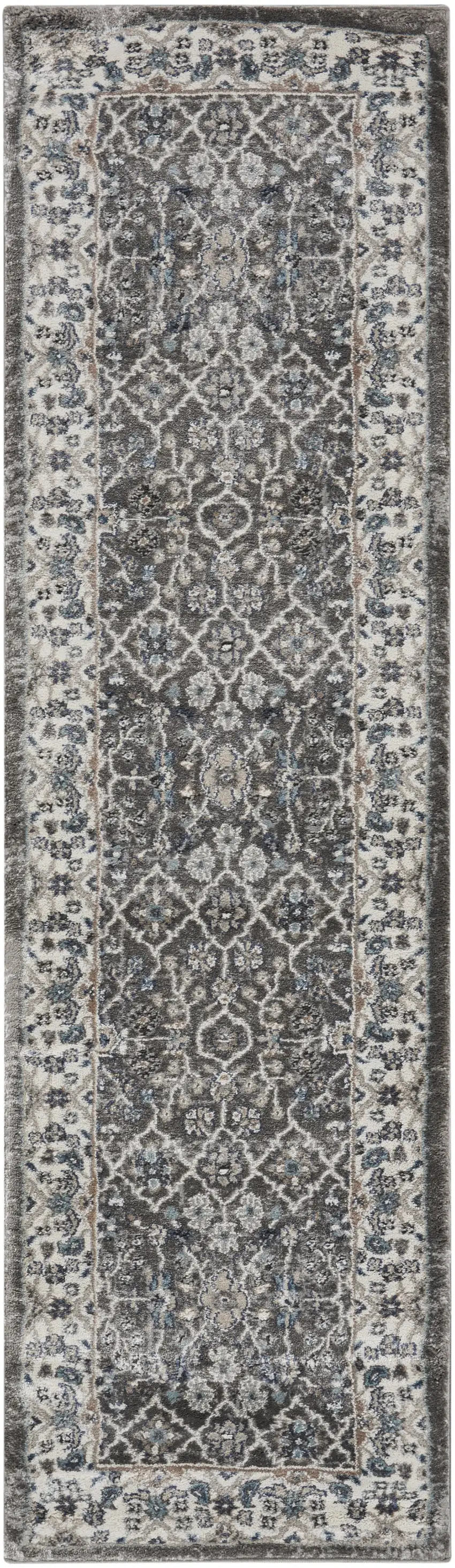 8' Teal Ivory And Gray Floral Medallion Runner Rug Photo 1