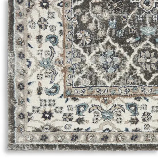 8' Teal Ivory And Gray Floral Medallion Runner Rug Photo 5