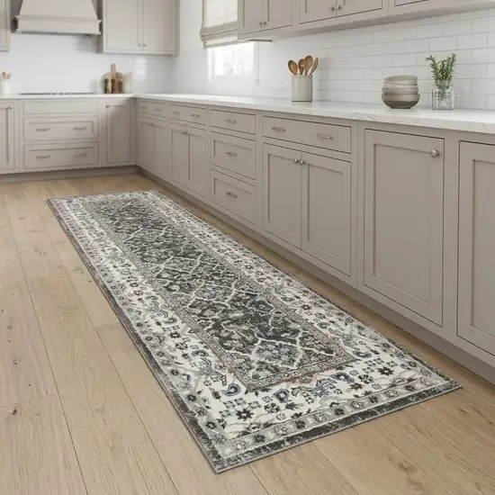 8' Teal Ivory And Gray Floral Medallion Runner Rug Photo 1