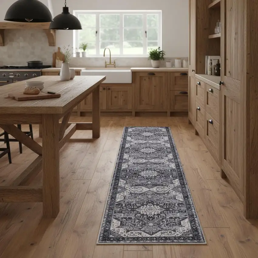 8' Gray Floral Power Loom Worn Faded Non Skid Runner Rug Photo 1