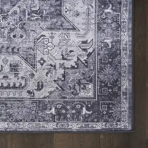Photo of 8' Gray Floral Power Loom Worn Faded Non Skid Runner Rug