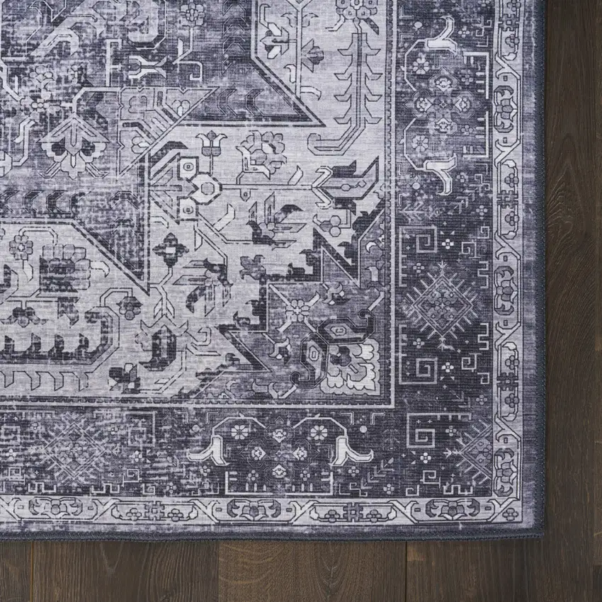 8' Gray Floral Power Loom Worn Faded Non Skid Runner Rug Photo 8