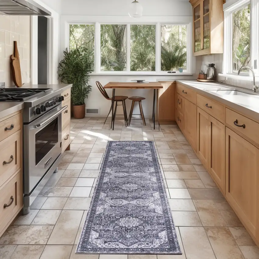 8' Gray Floral Power Loom Worn Faded Non Skid Runner Rug Photo 5