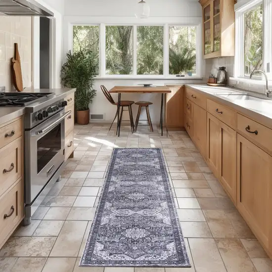 8' Gray Floral Power Loom Worn Faded Non Skid Runner Rug Photo 5