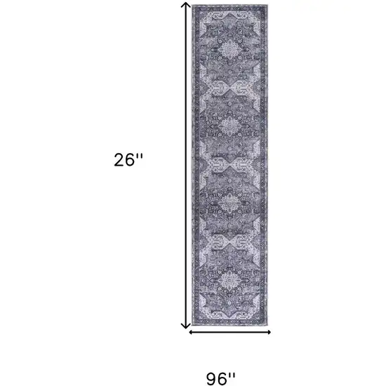 8' Gray Floral Power Loom Worn Faded Non Skid Runner Rug Photo 3