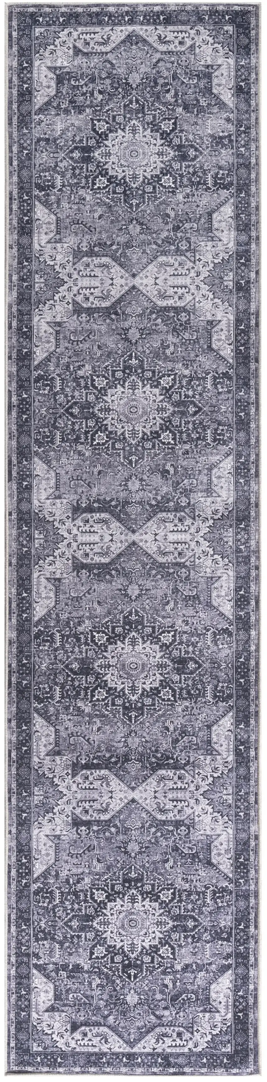 8' Gray Floral Power Loom Worn Faded Non Skid Runner Rug Photo 7