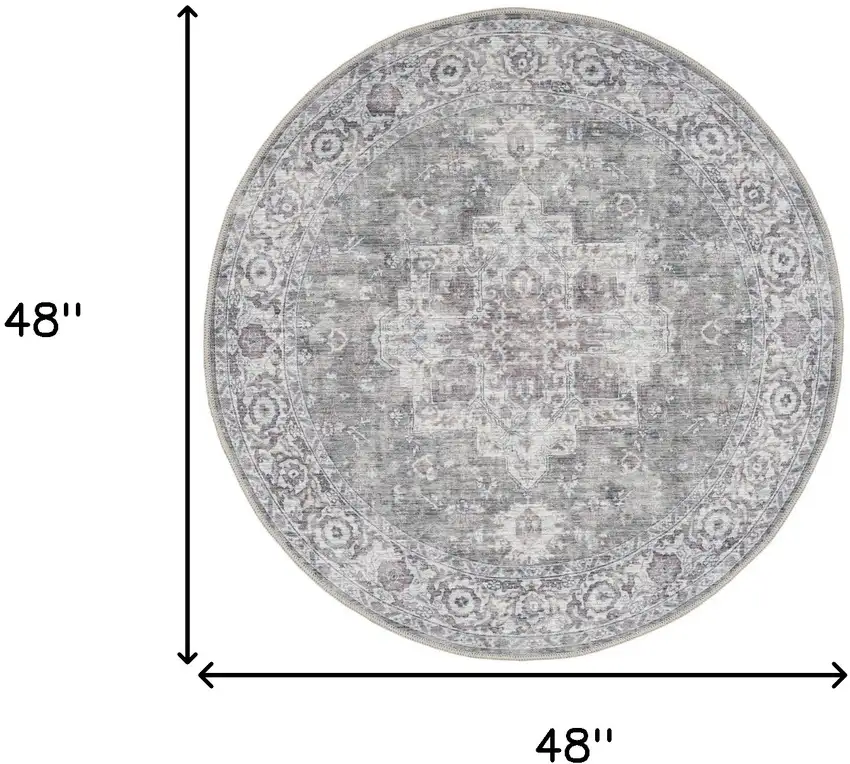 4' Gray Floral Power Loom Worn Faded Round Rug Photo 3