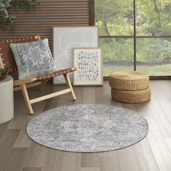 4' Gray Floral Power Loom Worn Faded Round Rug Photo 6