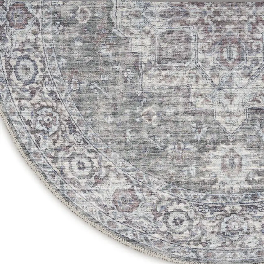 4' Gray Floral Power Loom Worn Faded Round Rug Photo 8