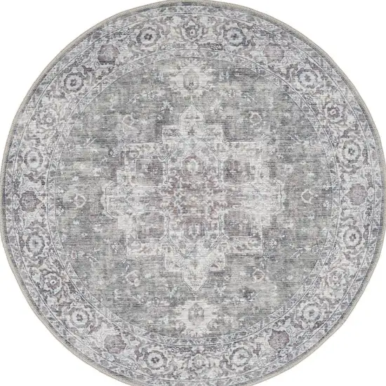 4' Gray Floral Power Loom Worn Faded Round Rug Photo 3