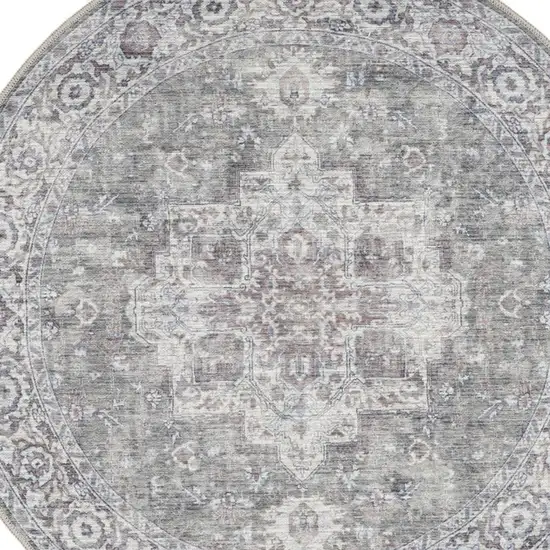 5' Gray Floral Power Loom Worn Faded Round Rug Photo 4
