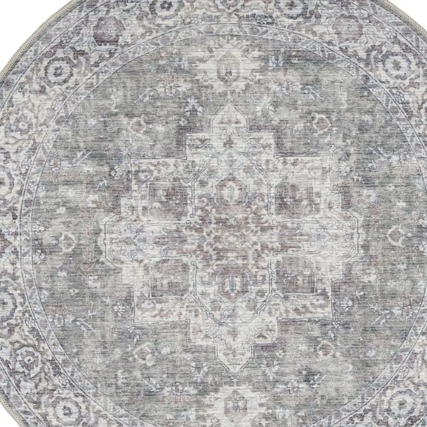 5' Gray Floral Power Loom Worn Faded Round Rug Photo 4