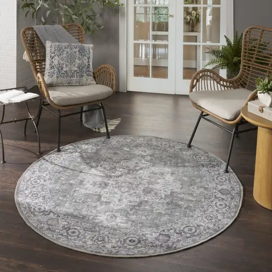 5' Gray Floral Power Loom Worn Faded Round Rug Photo 5