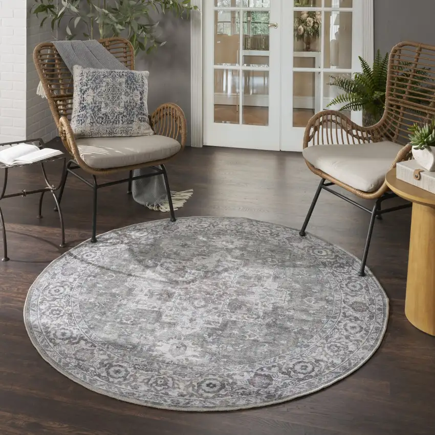 5' Gray Floral Power Loom Worn Faded Round Rug Photo 5