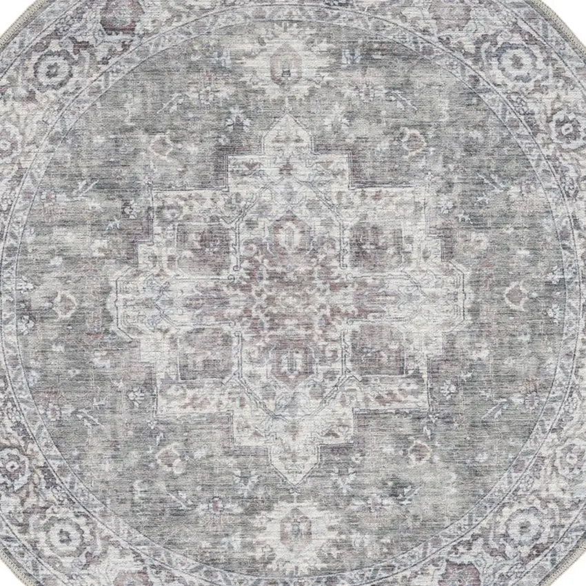 5' Gray Floral Power Loom Worn Faded Round Rug Photo 7