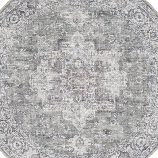 5' Gray Floral Power Loom Worn Faded Round Rug Photo 7