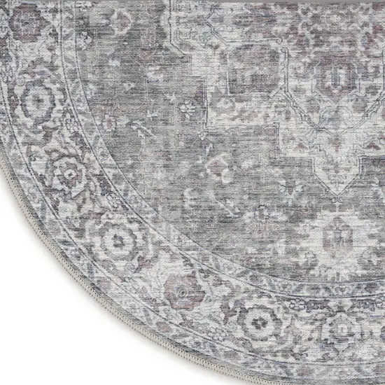 5' Gray Floral Power Loom Worn Faded Round Rug Photo 9