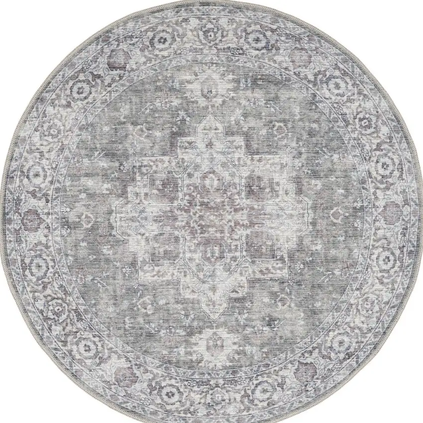 5' Gray Floral Power Loom Worn Faded Round Rug Photo 3
