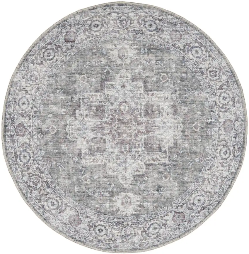 5' Gray Floral Power Loom Worn Faded Round Rug Photo 2