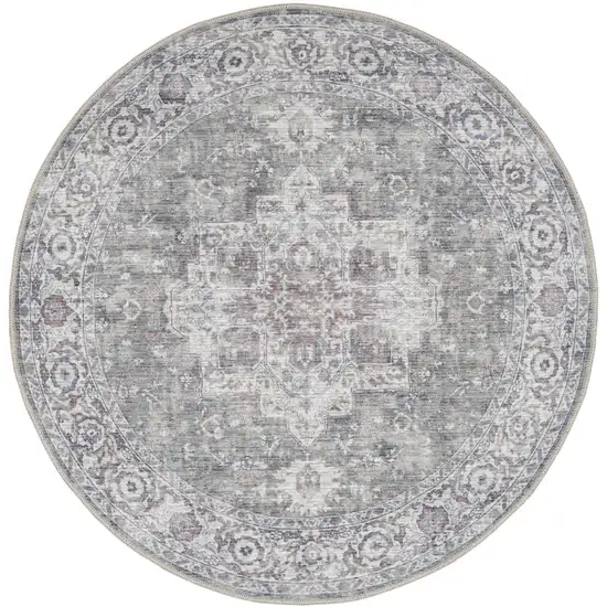 5' Gray Floral Power Loom Worn Faded Round Rug Photo 2