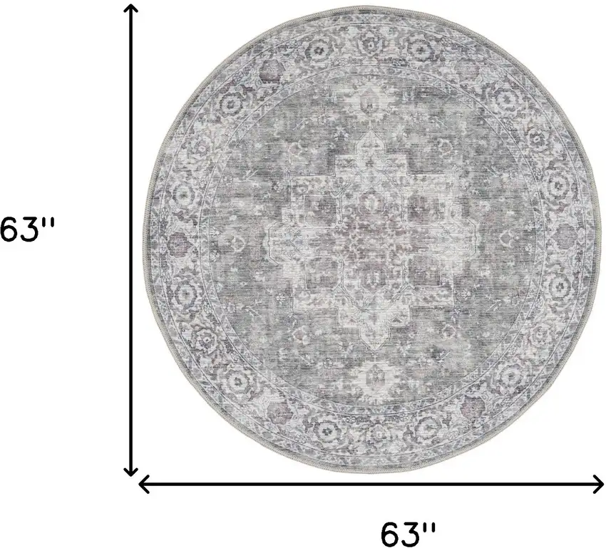 5' Gray Floral Power Loom Worn Faded Round Rug Photo 3