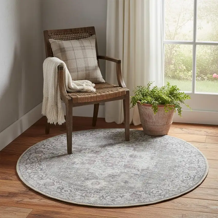 5' Gray Floral Power Loom Worn Faded Round Rug Photo 1