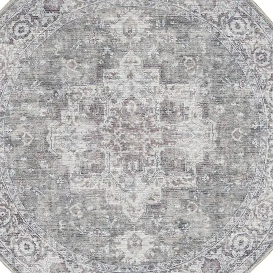 8' Gray Floral Power Loom Worn Faded Round Rug Photo 6