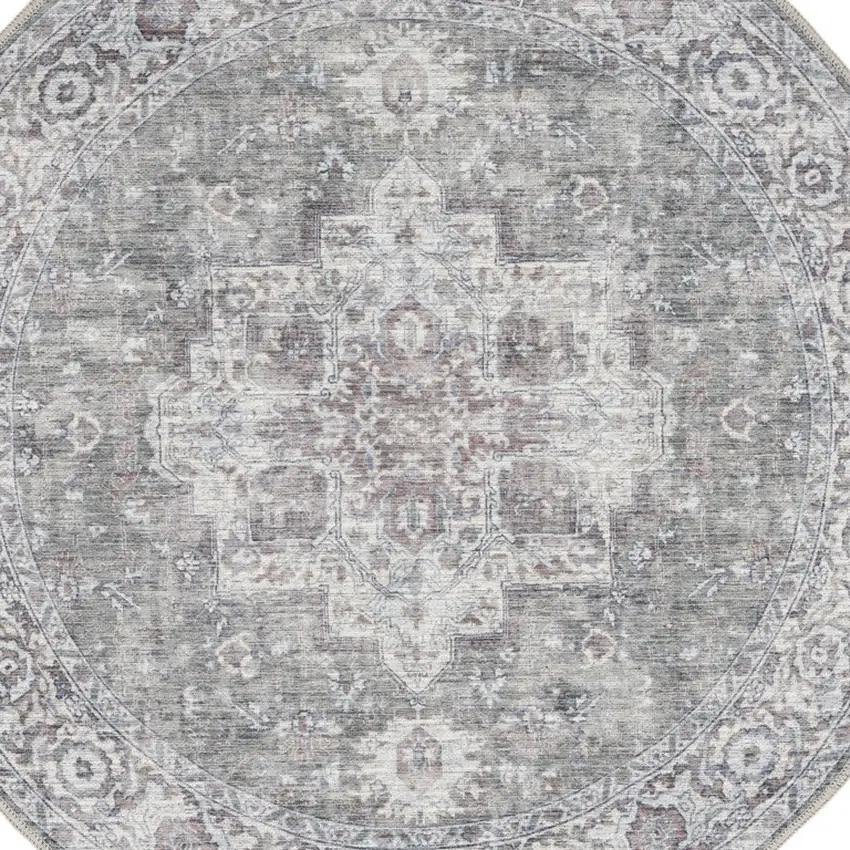8' Gray Floral Power Loom Worn Faded Round Rug Photo 6