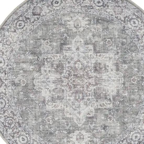 8' Gray Floral Power Loom Worn Faded Round Rug Photo 3