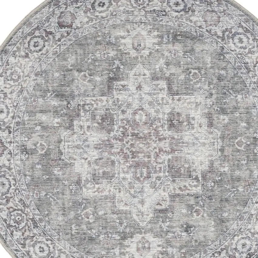 8' Gray Floral Power Loom Worn Faded Round Rug Photo 3
