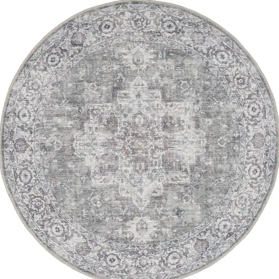 8' Gray Floral Power Loom Worn Faded Round Rug Photo 2