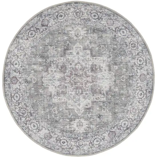 8' Gray Floral Power Loom Worn Faded Round Rug Photo 1