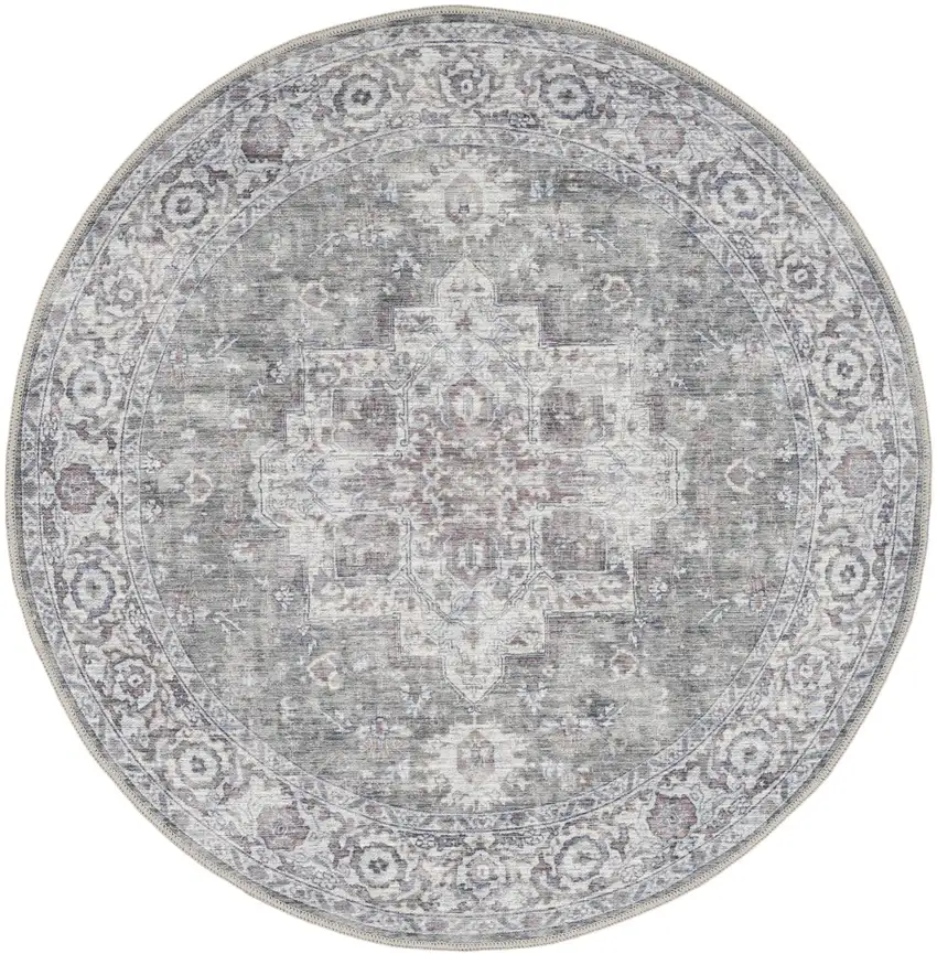8' Gray Floral Power Loom Worn Faded Round Rug Photo 1