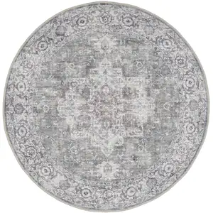Photo of 8' Gray Floral Power Loom Worn Faded Round Rug