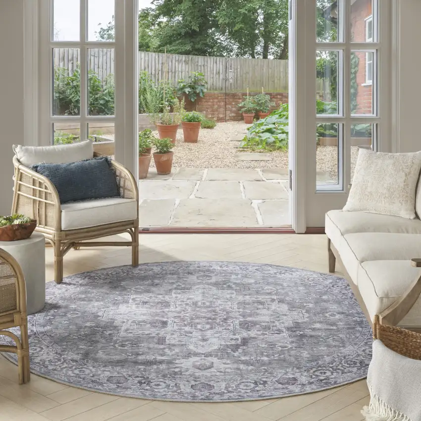 8' Gray Floral Power Loom Worn Faded Round Rug Photo 4