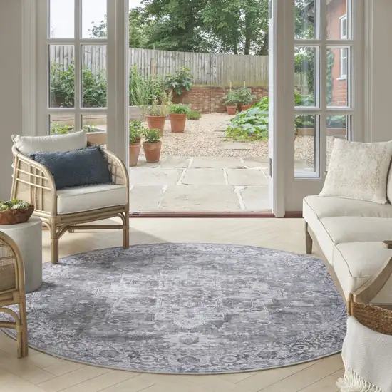 8' Gray Floral Power Loom Worn Faded Round Rug Photo 4