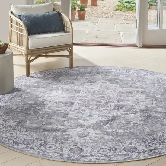 8' Gray Floral Power Loom Worn Faded Round Rug Photo 5