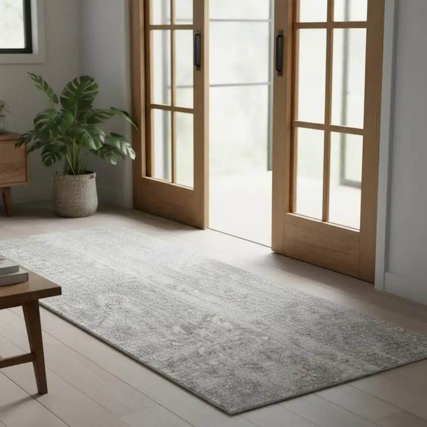 6' Gray Floral Power Loom Worn Faded Runner Rug Photo 1