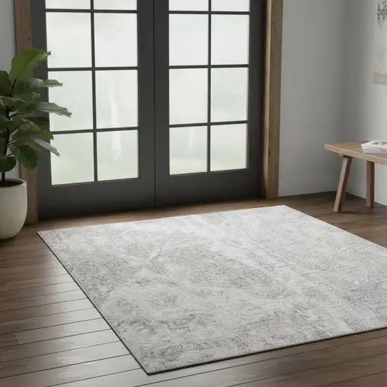 6' Gray Floral Power Loom Worn Faded Runner Rug Photo 1