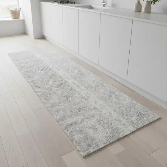 8' Gray Floral Power Loom Worn Faded Runner Rug Photo 1
