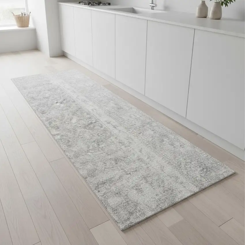 8' Gray Floral Power Loom Worn Faded Runner Rug Photo 1