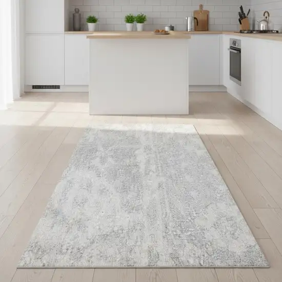8' Gray Floral Power Loom Worn Faded Runner Rug Photo 1