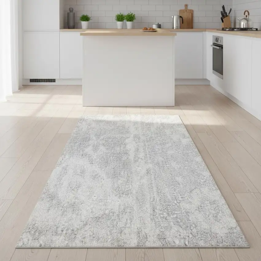 8' Gray Floral Power Loom Worn Faded Runner Rug Photo 1